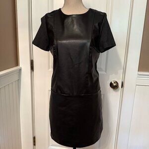 ZARA DRESS MINI BLACK FAUX LEATHER PANEL POCKETS SHORT SLEEVE CREWNECK Size S